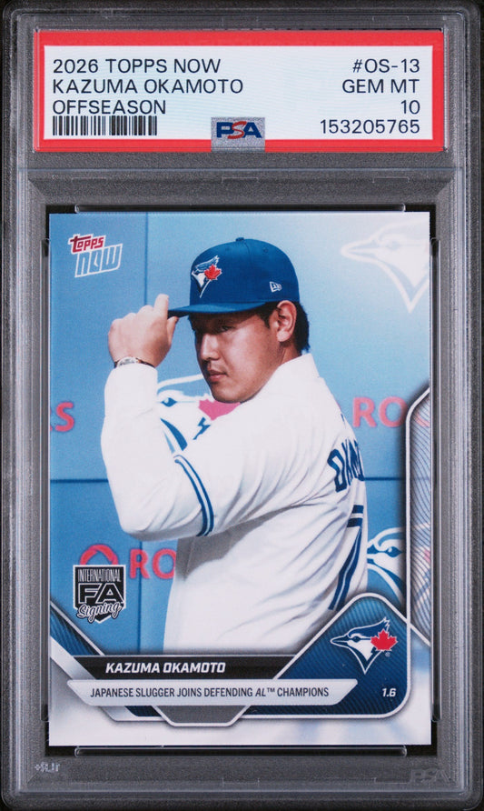 PSA-graded sports card in protective case showing Kazuma Okamoto in Blue Jays uniform against blue background with red label strip.