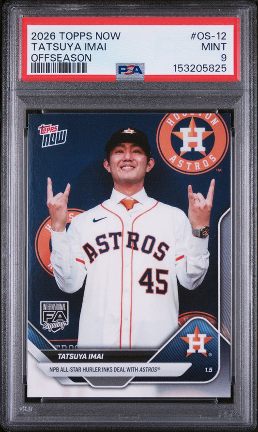 PSA-graded trading card in protective case showing Tatsuya Imai in white Astros uniform making rock hand gesture against dark blue background with red label on top.