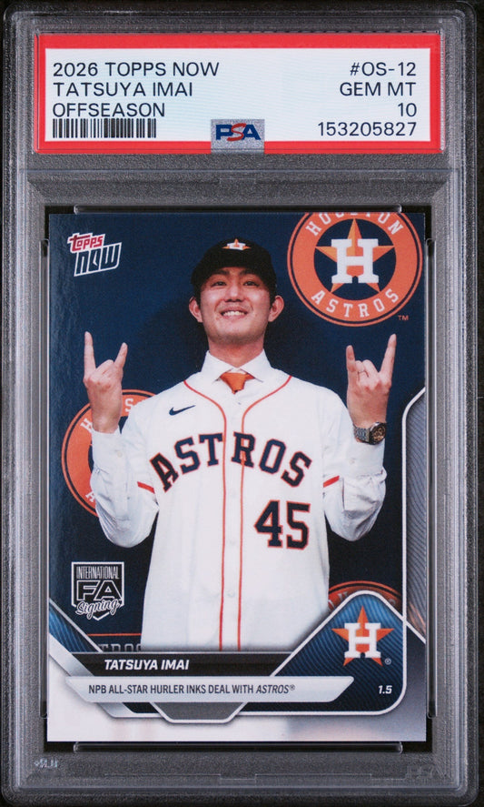 PSA-graded trading card in plastic holder showing Japanese baseball player Tatsuya Imai wearing Houston Astros uniform number 45, making rock gesture.