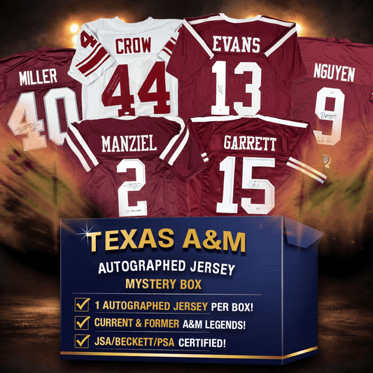 Five autographed maroon and white Texas A&M football jerseys displayed against dramatic orange background above blue product information box.