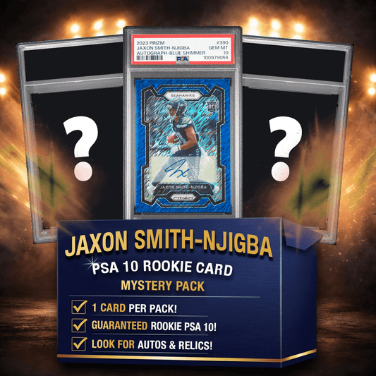 PSA 10 graded Jaxon Smith-Njigba rookie card in blue Prizm design displayed in center with two mystery pack slots on either side against fiery background.