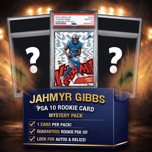 Front view of Jahmyr Gibbs rookie card mystery pack displaying graded PSA 10 card in protective case with question mark flanking cards and blue product box below.