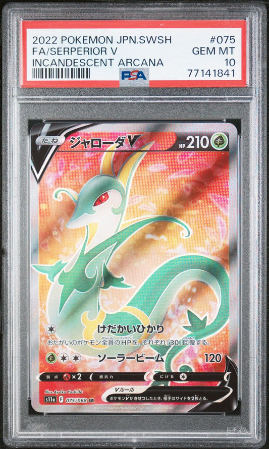 PSA graded Pokemon trading card in clear case displaying Serperior V with iridescent arcana finish, red gradient background, Japanese text, and PSA 10 label.