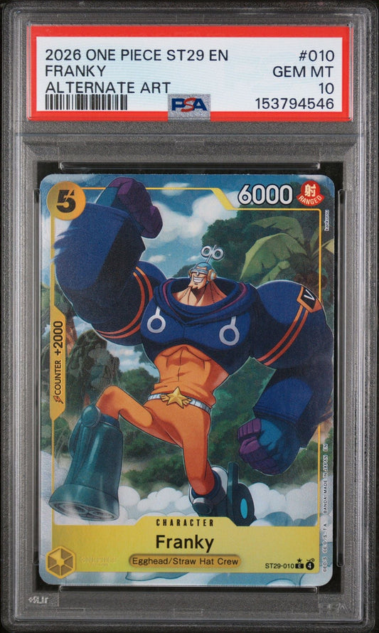 PSA-graded trading card in clear case showing Franky character in blue outfit with orange pants against cloudy sky background, with yellow border and stat information visible.