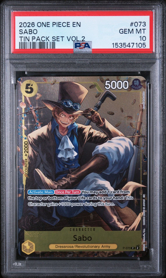 PSA-graded trading card in protective case showing Sabo character in brown coat and hat against brown background with game text and stats visible.