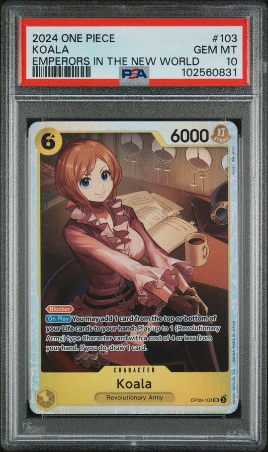 PSA-graded trading card in clear case showing anime character Koala in red outfit at desk, cost 6000, numbered OP09-103.