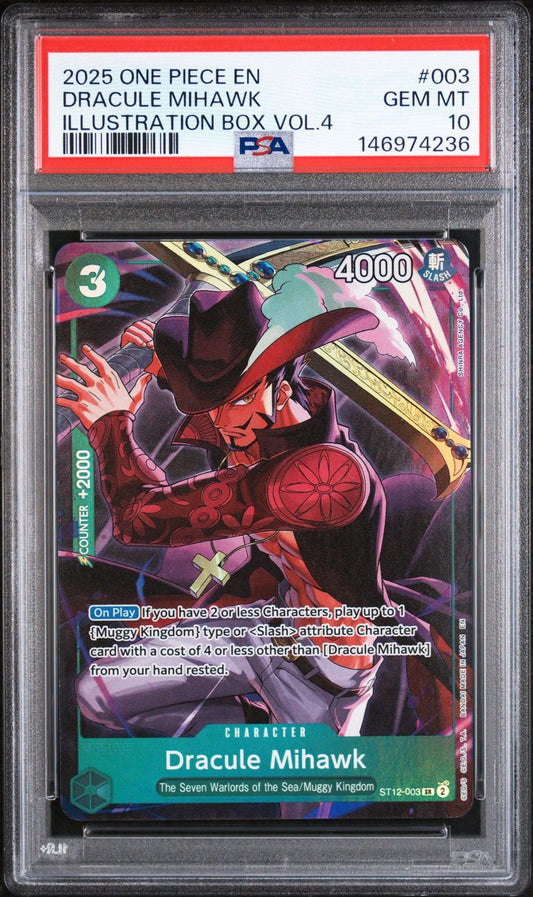 PSA-graded One Piece trading card featuring red-cloaked Dracule Mihawk character in protective case with red label.