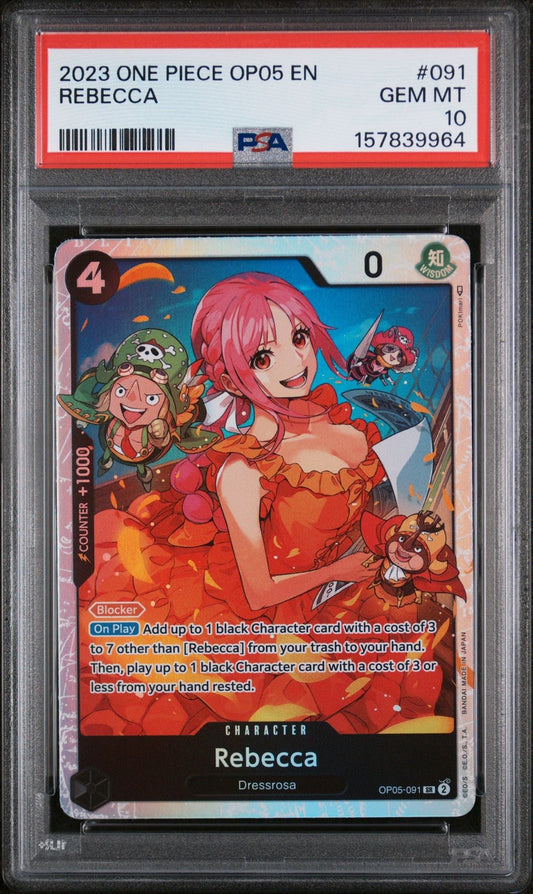 PSA 10 graded 2023 One Piece Rebecca character card in protective case showing front artwork with red-haired female character and game text.