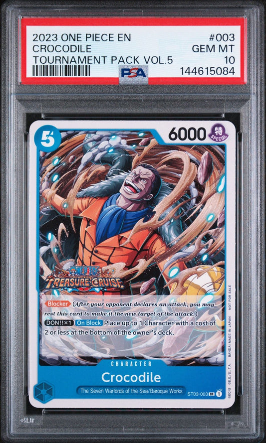 PSA-graded Crocodile character trading card in protective slab, showing blue-bordered card with 6000 power stat and character illustration against clear case.