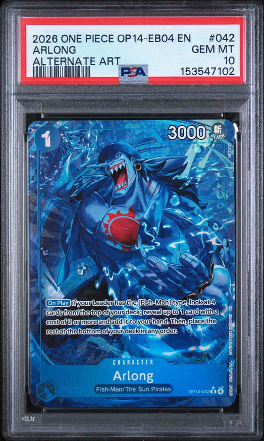 PSA graded One Piece Arlong character card in PSA slab, showing blue alternate art illustration with red label and GEM MT 10 rating.