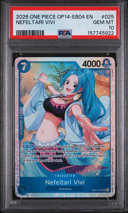 PSA-graded trading card displaying Nefeltari Vivi character in blue hair and pink outfit against colorful background with game text and stats visible.