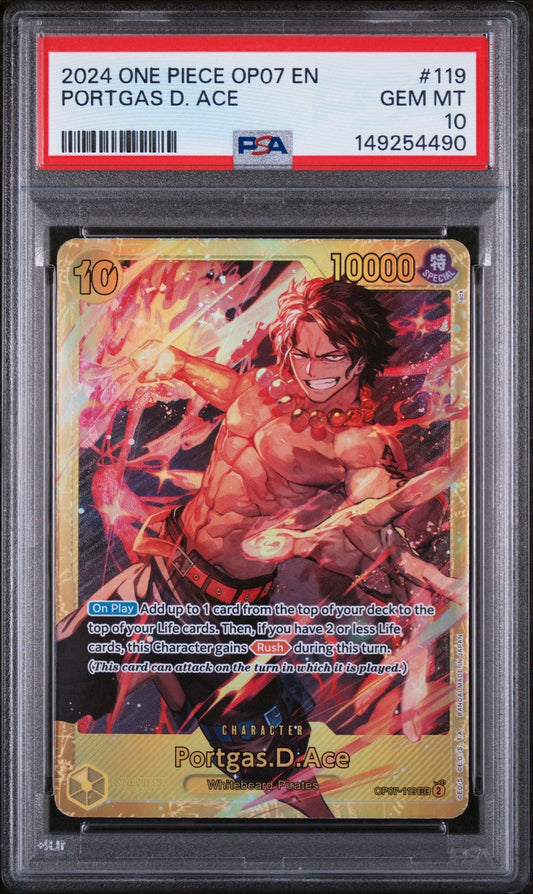 PSA-graded trading card in protective case showing Portgas D. Ace character card with red flames and gold border against black slab backing.