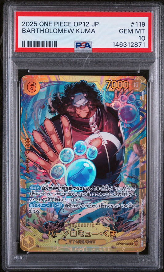 PSA-graded trading card in protective case showing colorful anime artwork of Bartholomew Kuma with blue orbs, red label visible at top.
