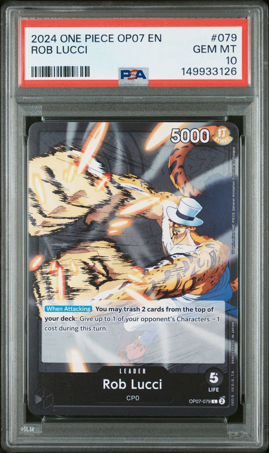 PSA 10 graded Rob Lucci Leader card in clear protective case with red grading label visible.