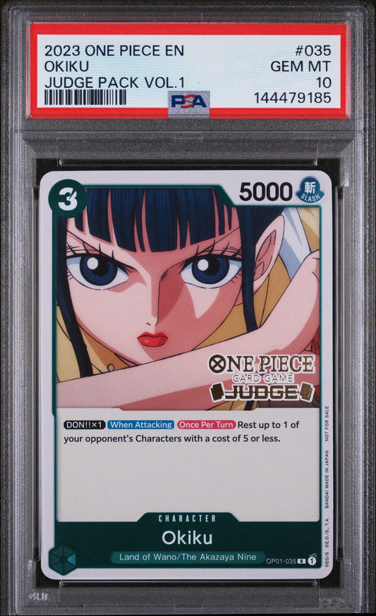 PSA-graded trading card in clear case displaying Okiku character card with 5000 power value and game text on white background.