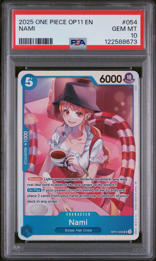 PSA-graded One Piece trading card featuring Nami character in red outfit holding cup, displayed in clear protective case with red grading label.