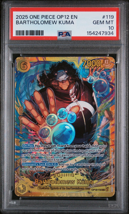 PSA-graded trading card in protective case showing colorful Bartholomew Kuma character card with red label indicating GEM MT 10 rating.
