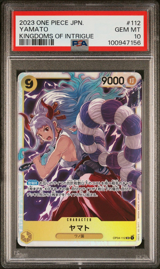 PSA-graded trading card in protective case showing Yamato character card with purple hair and 9000 power value from One Piece Japanese set.