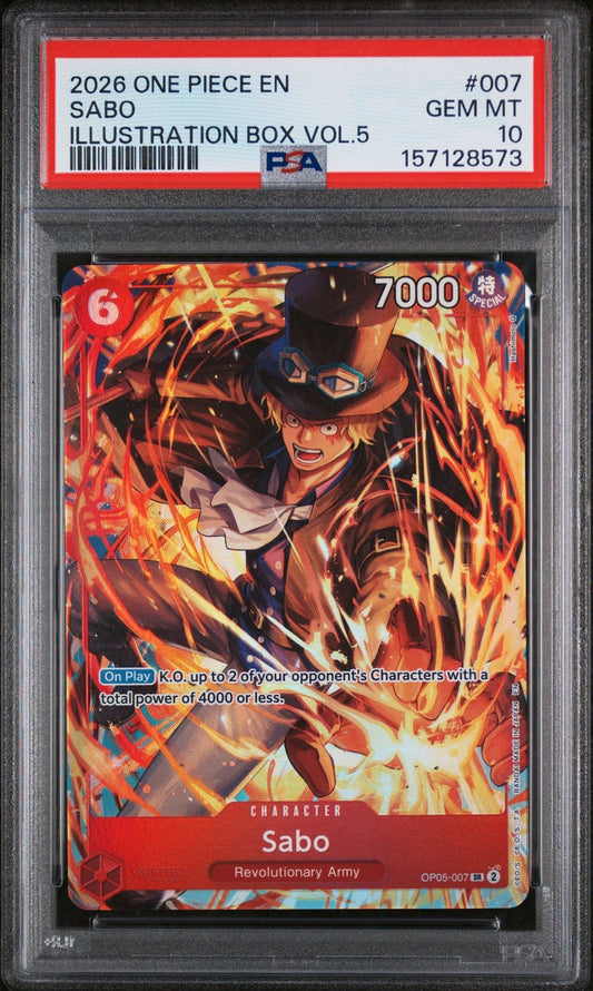 PSA 10 graded 2026 One Piece Sabo trading card in clear case, showing character with flame effects and red border.