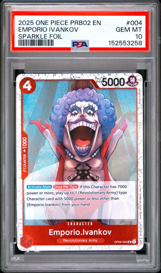 PSA-graded trading card in clear holder showing front of Emporio Ivankov character card with purple hair, red outfit, and sparkle foil finish against blue background.