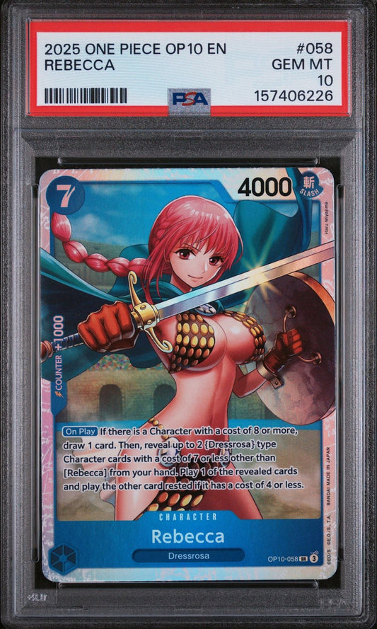 PSA 10 graded 2025 One Piece Rebecca trading card in clear plastic slab showing character illustration with red hair, sword, and blue/pink background.