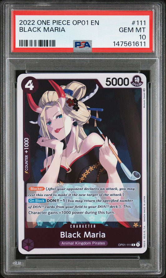 PSA-graded trading card in protective case showing Black Maria character card with pink skin, blonde hair, red ribbon, and game statistics on black background.