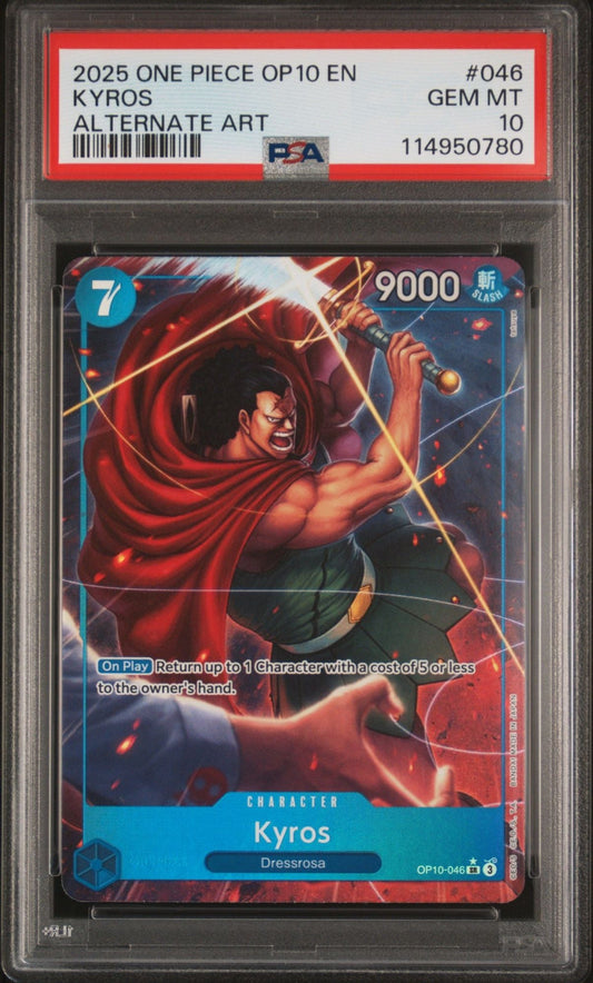 PSA-graded trading card in clear case displaying Kyros character card with red cape, muscular physique, and 9000 power stat against dark background.