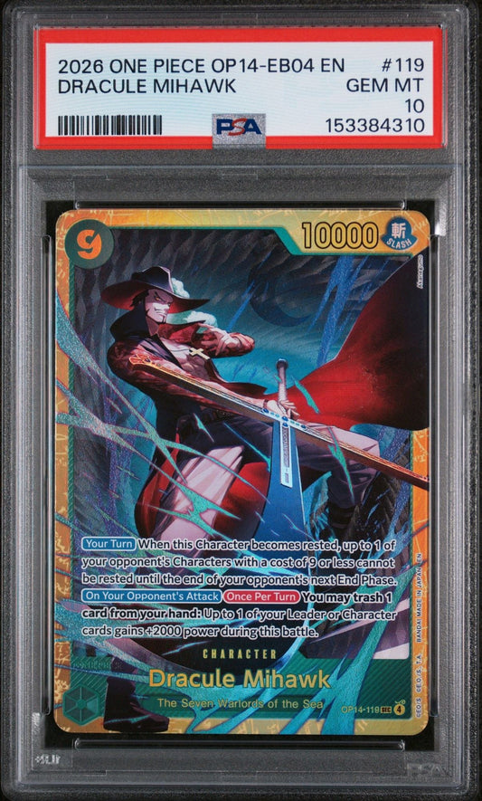PSA-graded trading card in plastic holder showing Dracule Mihawk character illustration with orange border, power value 10000, and game text on colorful background.