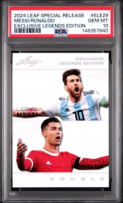 Graded 2024 Leaf Special Release Lionel Messi Cristiano Ronaldo #ELE29 Exclusive Legends Edition Soccer Card PSA 10 Gem Mint