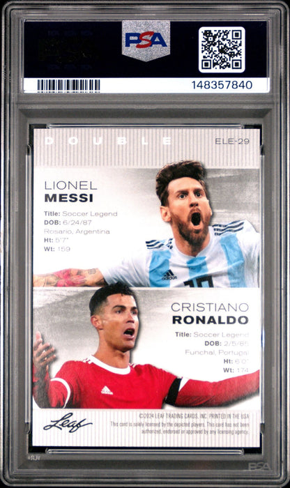 Graded 2024 Leaf Special Release Lionel Messi Cristiano Ronaldo #ELE29 Exclusive Legends Edition Soccer Card PSA 10 Gem Mint