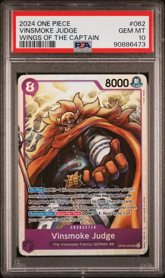 PSA 10 graded 2024 One Piece Vinsmoke Judge trading card in protective slab showing purple-bordered character card with orange-caped warrior illustration and game text.