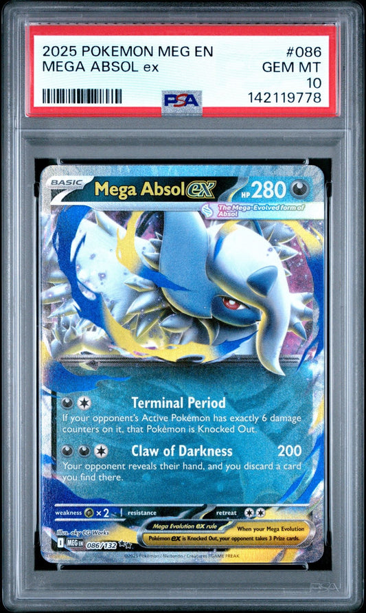 PSA 10 graded 2025 Pokemon Mega Absol EX card in clear protective slab showing blue and white Mega Evolution with attack moves and HP 280.