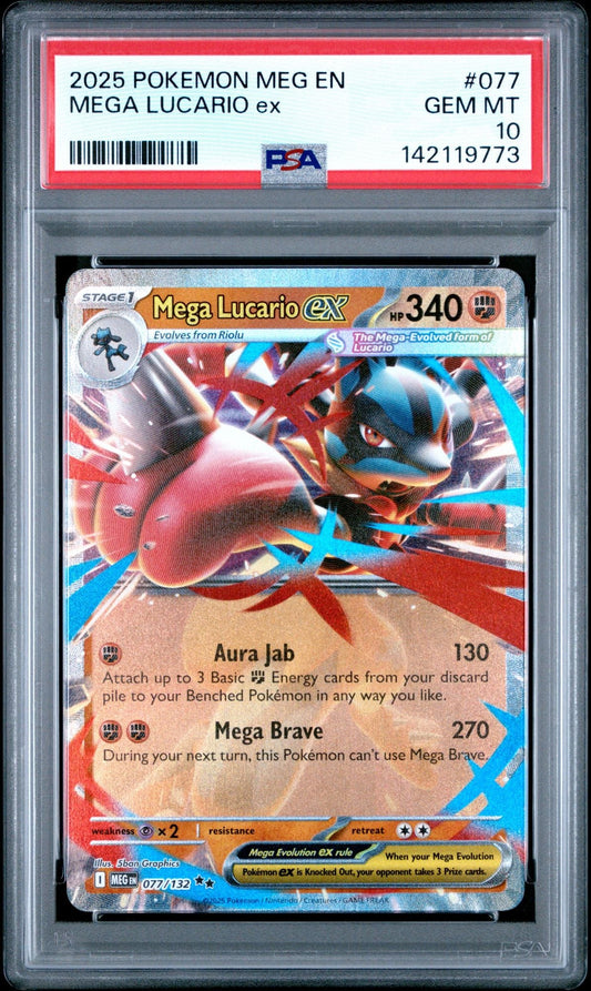 PSA-graded Mega Lucario EX trading card in protective case, showing red-and-blue illustrated Pokemon with attack details and gold PSA label.