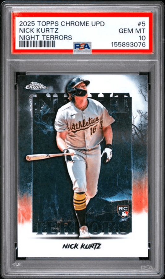 PSA-graded card in clear case showing front of baseball card featuring Nick Kurtz in Athletics uniform swinging bat against dark background.