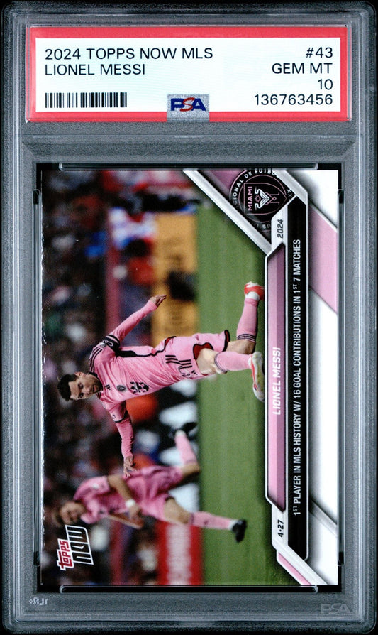PSA-graded 2024 Topps Now MLS card #43 featuring Lionel Messi in pink Inter Miami uniform performing bicycle kick, displayed in protective case.