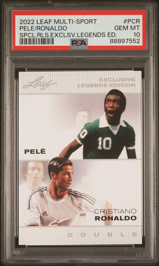 Front of graded trading card showing Pelé in green jersey and Cristiano Ronaldo in white Adidas shirt, with PSA 10 Gem Mint label.