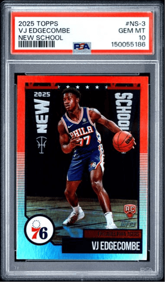 PSA-graded trading card in protective case displaying VJ Edgecombe in Philadelphia 76ers uniform with red and blue borders.