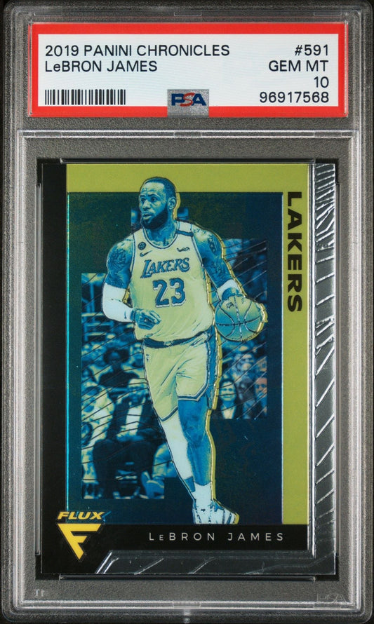 PSA-graded 2019 Panini Chronicles LeBron James card in clear case displaying Lakers player in yellow jersey with blue and yellow Flux design elements.