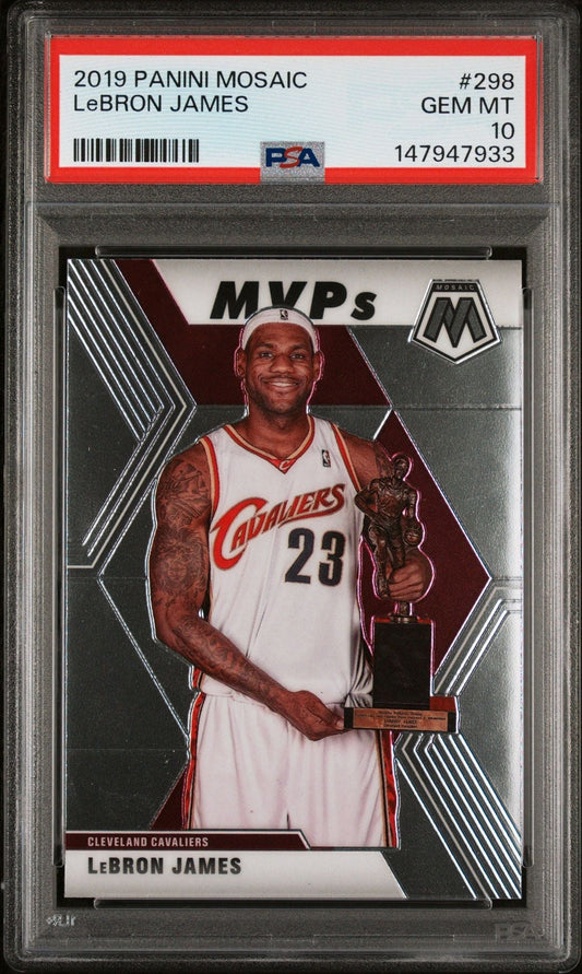 PSA-graded 2019 Panini Mosaic LeBron James card in plastic holder showing front with player in Cavaliers jersey holding MVP trophy.