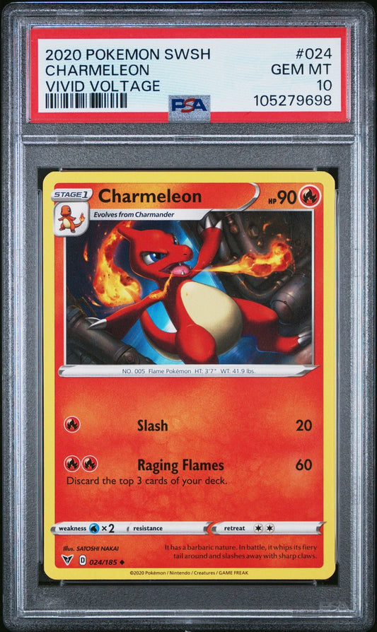 PSA 10 Gem Mint graded 2020 Pokemon Sword and Shield Charmeleon card in clear plastic slab with red label.