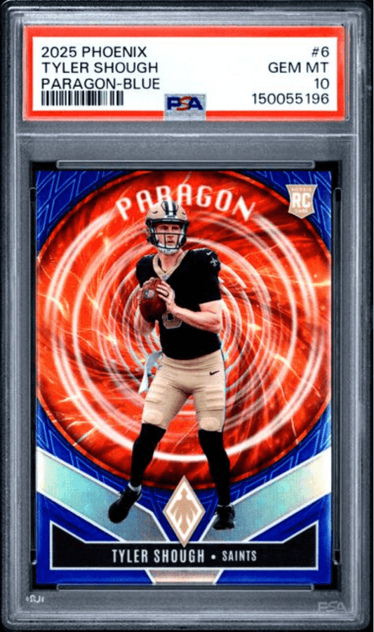 PSA-graded trading card in clear plastic case displaying Tyler Shough Saints rookie card with red spiraling background design and blue borders.