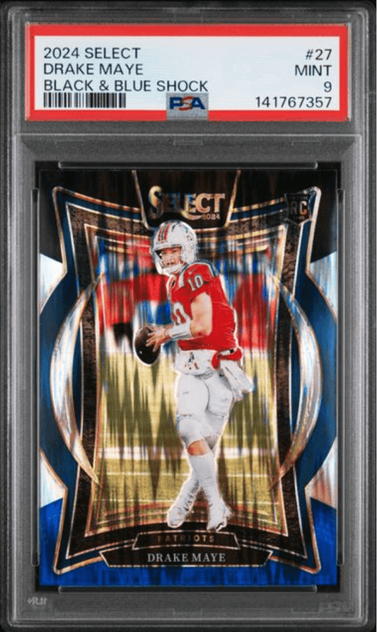 PSA graded 2024 Select Drake Maye rookie card in clear case showing front with red jersey player photo and blue/gold foil design.