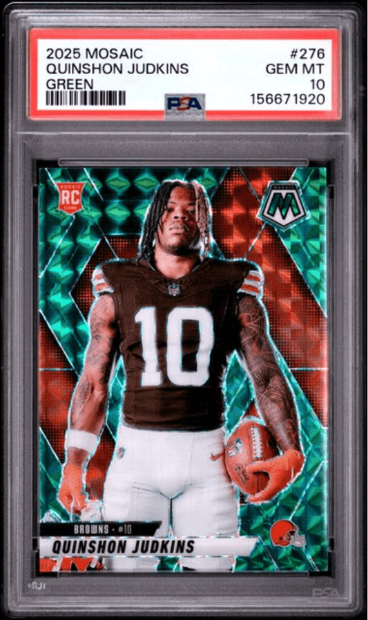 PSA-graded rookie card in clear plastic case displaying Quinshon Judkins in brown Browns uniform against neon green and red geometric background.
