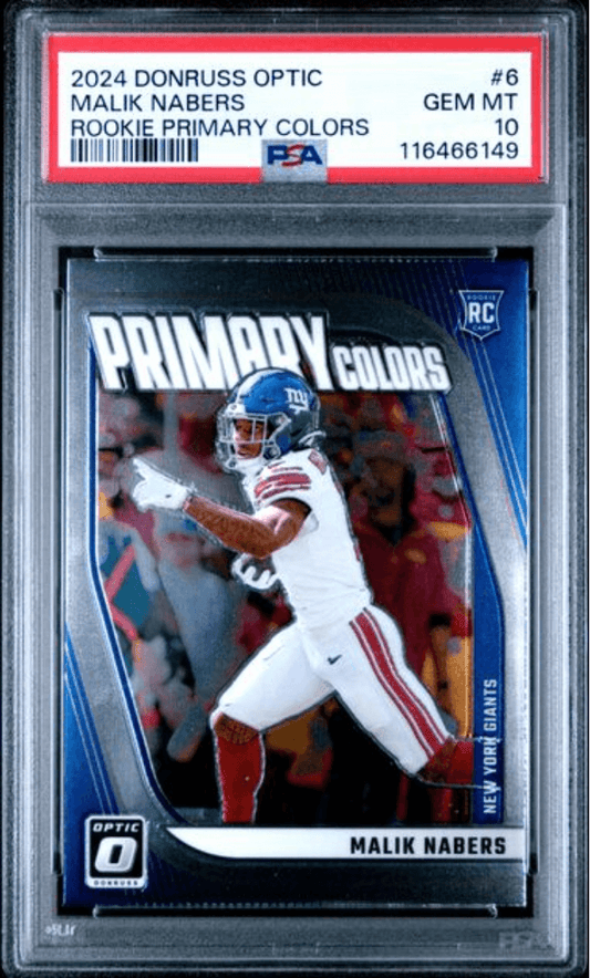 PSA-graded trading card in clear plastic case displaying Malik Nabers in New York Giants uniform catching football.