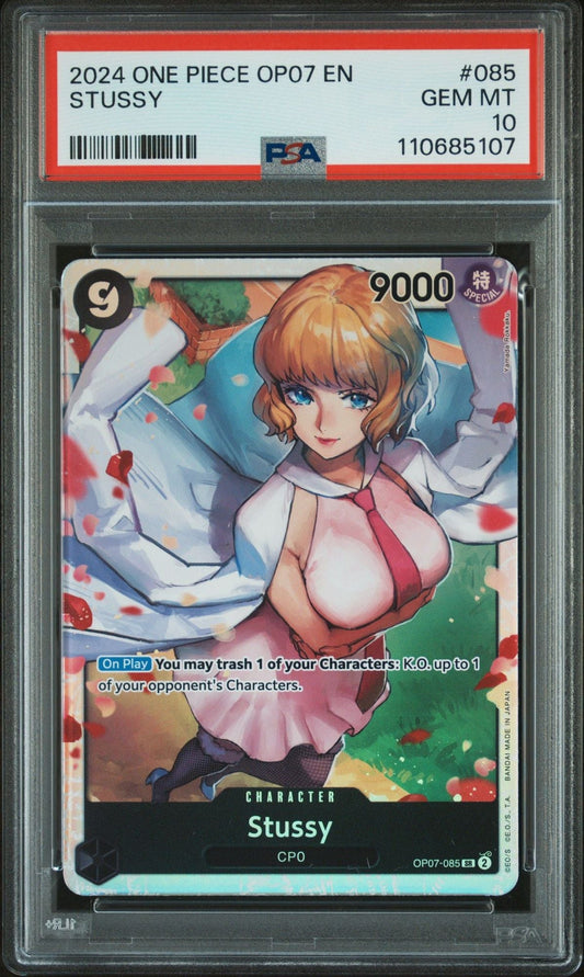 PSA 10 graded 2024 One Piece OP07 Stussy character card in clear protective slab with red label.