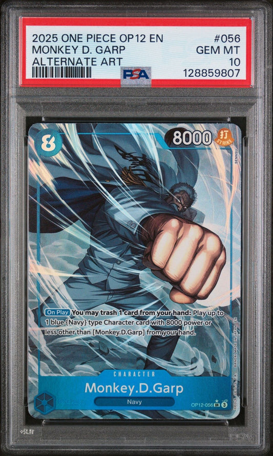 PSA 10 graded 2025 One Piece Monkey D. Garp alternate art card in clear slab showing character illustration with blue navy theme and 8000 power rating.