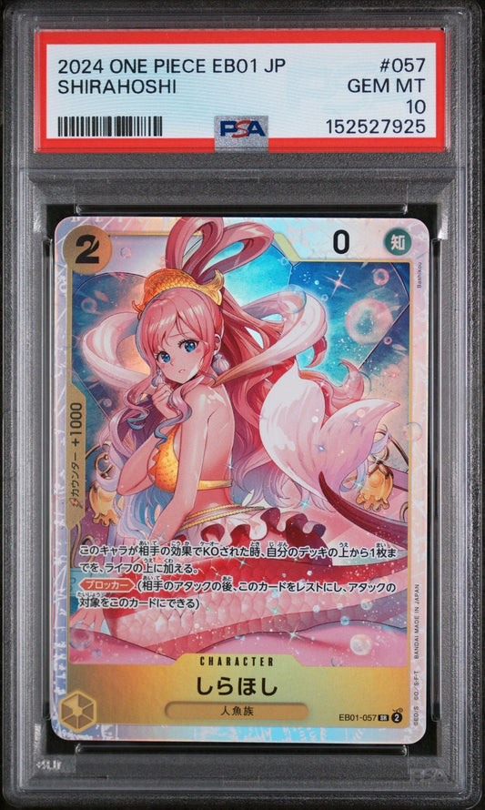 PSA 10 graded card in protective case showing Shirahoshi character illustration with pink hair and blue eyes on colorful aquatic background.