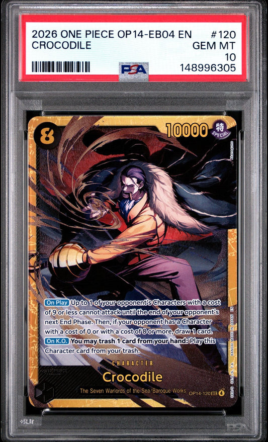 PSA graded 2026 One Piece Crocodile character card in protective case, displaying front with illustrated warrior, cost value, and ability text on black background.