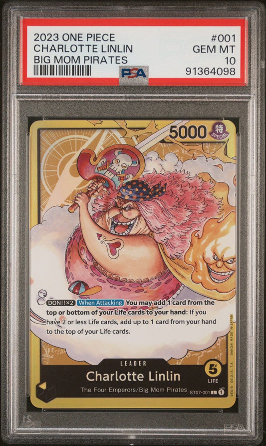 PSA-graded One Piece trading card featuring Charlotte Linlin with pink hair and skull emblem, displayed in protective case with red label.