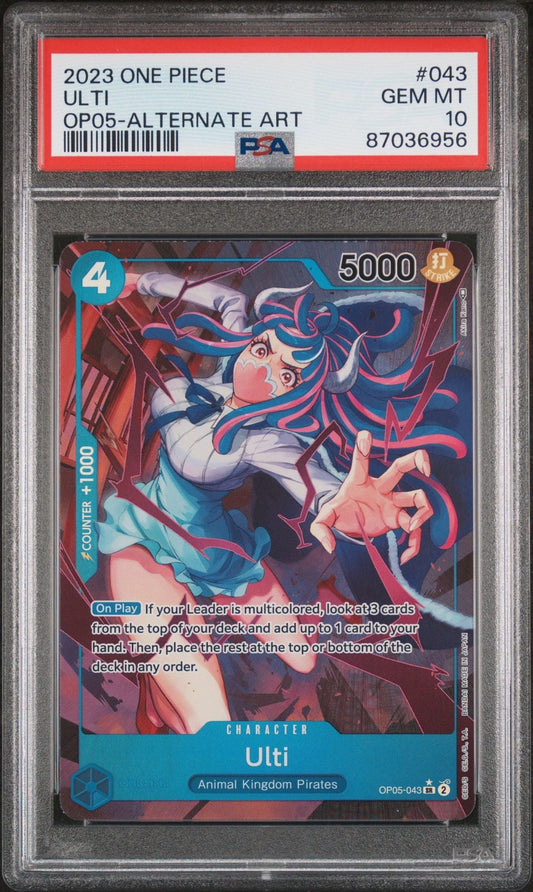 PSA-graded trading card in clear case featuring Ulti character with blue and red hair against dark background, showing front of card with game stats and text.